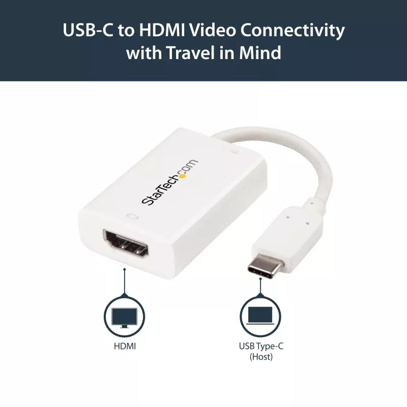 StarTech.com USB-C na HDMI 2.0 adaptér s Power Delivery – 4K 60Hz USB Type-C na HDMI displej video konvertor – 60W PD priechodné nabíjanie – kompatibilný s Thunderbolt 3 – biely