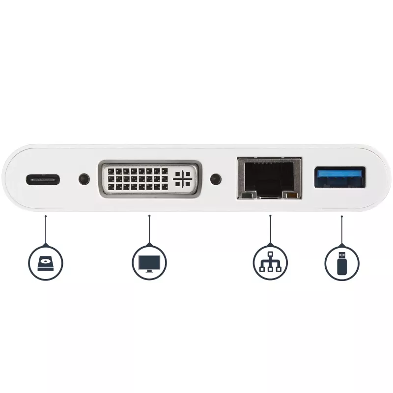 StarTech.com USB-C multiport adaptér – USB-C na DVI-D (digitálny) video adaptér s 60W Power Delivery priechodným nabíjaním, GbE, USB-A – prenosná mini dokovacia stanica pre USB Type-C/Thunderbolt 3 notebooky