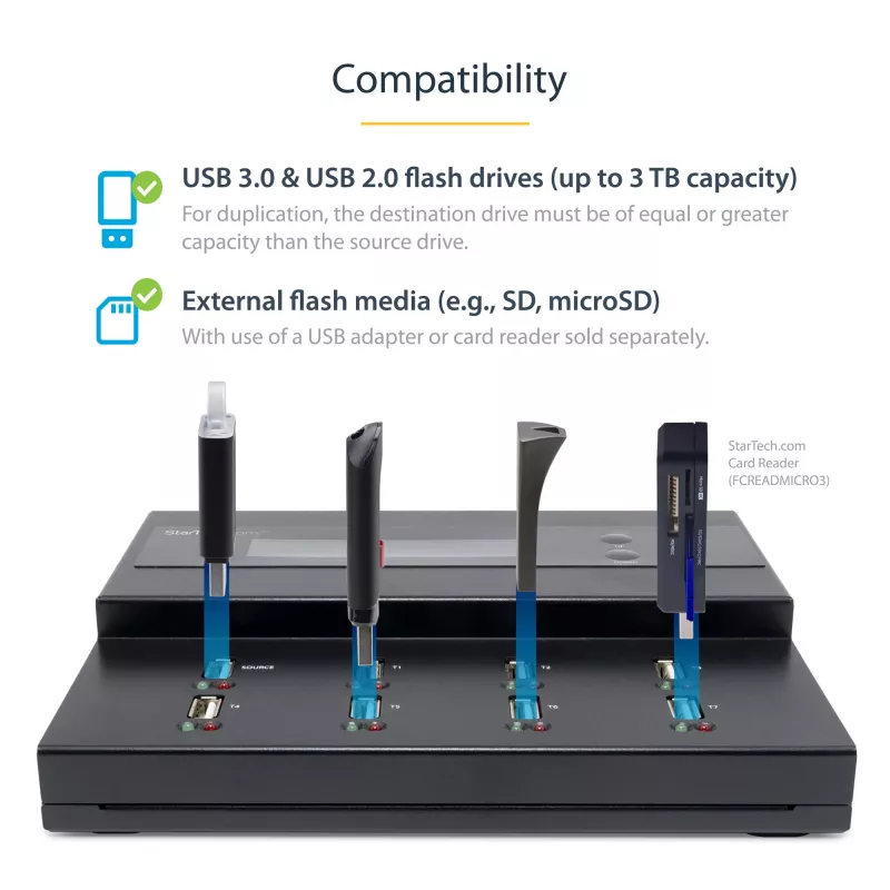 StarTech.com samostatný 1-na-7 USB USB flash duplikátor a vymazávač, multi-USB flash kopírovač, systémová a súborová aj celodisková kópia s 1,5 GB/min, jednoduché a 3-prechodové vymazanie, LCD displej – TAA