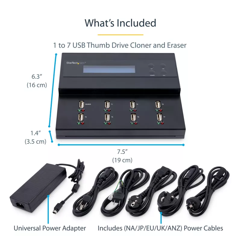 StarTech.com samostatný 1-na-7 USB USB flash duplikátor a vymazávač, multi-USB flash kopírovač, systémová a súborová aj celodisková kópia s 1,5 GB/min, jednoduché a 3-prechodové vymazanie, LCD displej – TAA