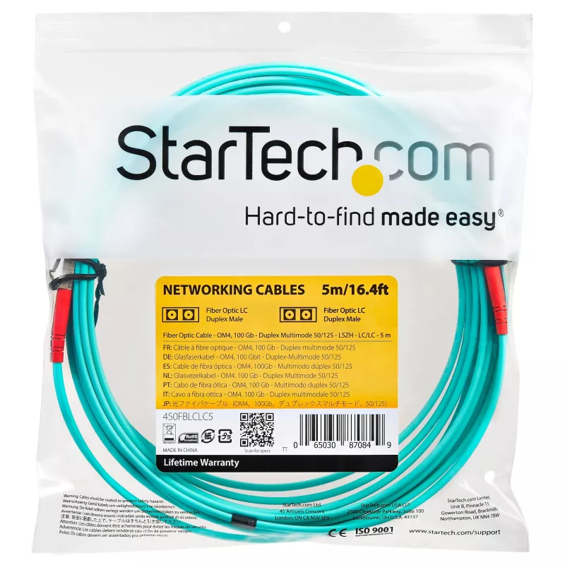 StarTech.com 5 m (16.4ft) LC/UPC na LC/UPC OM4 multimode optický kábel, 50/125µm LOMMF/VCSEL zipcord vlákno, 100G, nízky útlm vloženia – LSZH optický patch kábel