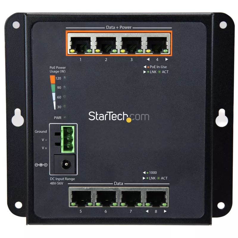 StarTech.com priemyselný 8-portový Gigabit PoE switch – 4 x PoE+ 30W – Power Over Ethernet – spevnený GbE Layer/L2 managed switch – robustný vysokovýkonný Gigabit sieťový switch IP-30/-40 °C až +75 °C – TAA