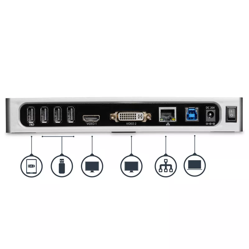 StarTech.com USB 3.0 dokovacia stanica – dvojmonitorová dokovacia stanica pre notebook s HDMI & DVI/VGA videom – 6-portový USB 3.1 Gen 1 5Gbps hub, GbE, audio – univerzálny Type-A dok – Windows & Mac