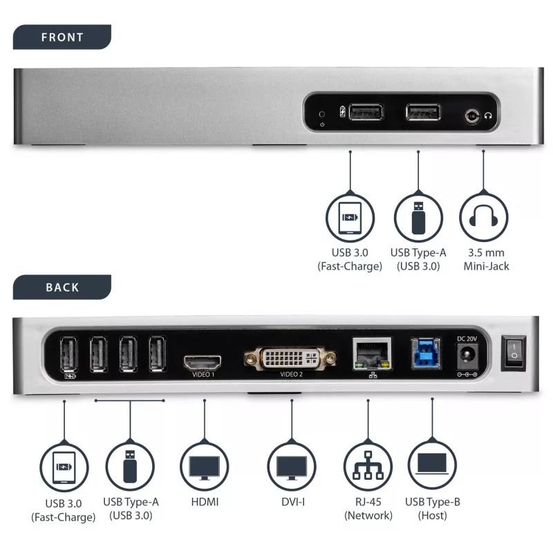 StarTech.com USB 3.0 dokovacia stanica – dvojmonitorová dokovacia stanica pre notebook s HDMI & DVI/VGA videom – 6-portový USB 3.1 Gen 1 5Gbps hub, GbE, audio – univerzálny Type-A dok – Windows & Mac