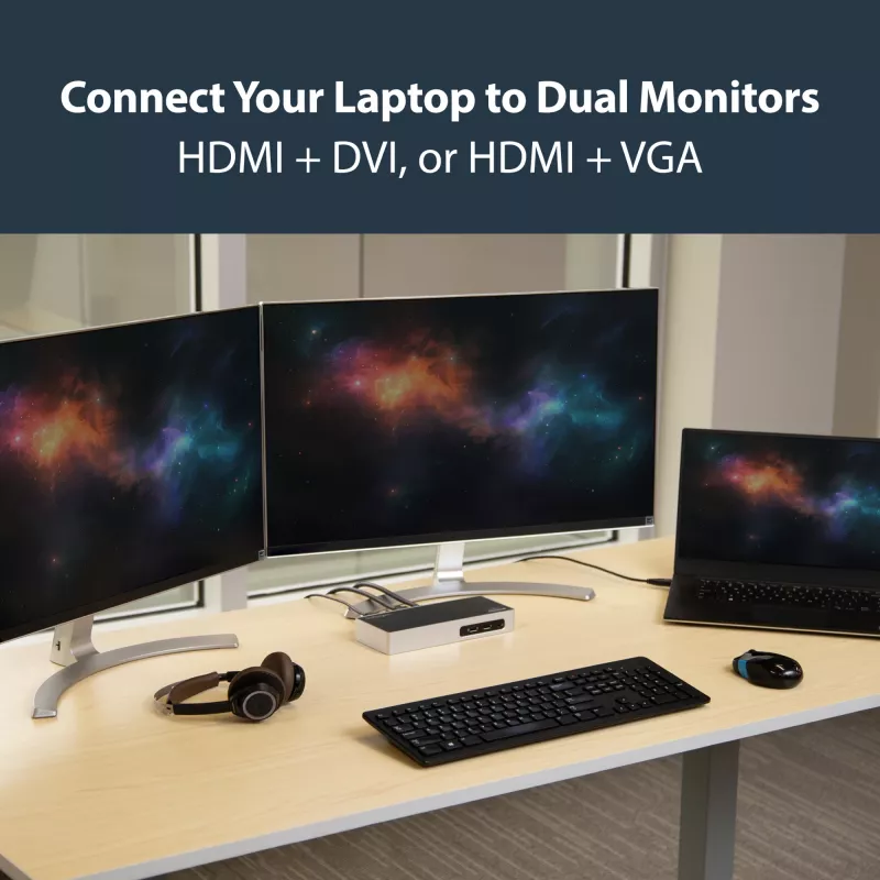 StarTech.com USB 3.0 dokovacia stanica – dvojmonitorová dokovacia stanica pre notebook s HDMI & DVI/VGA videom – 6-portový USB 3.1 Gen 1 5Gbps hub, GbE, audio – univerzálny Type-A dok – Windows & Mac