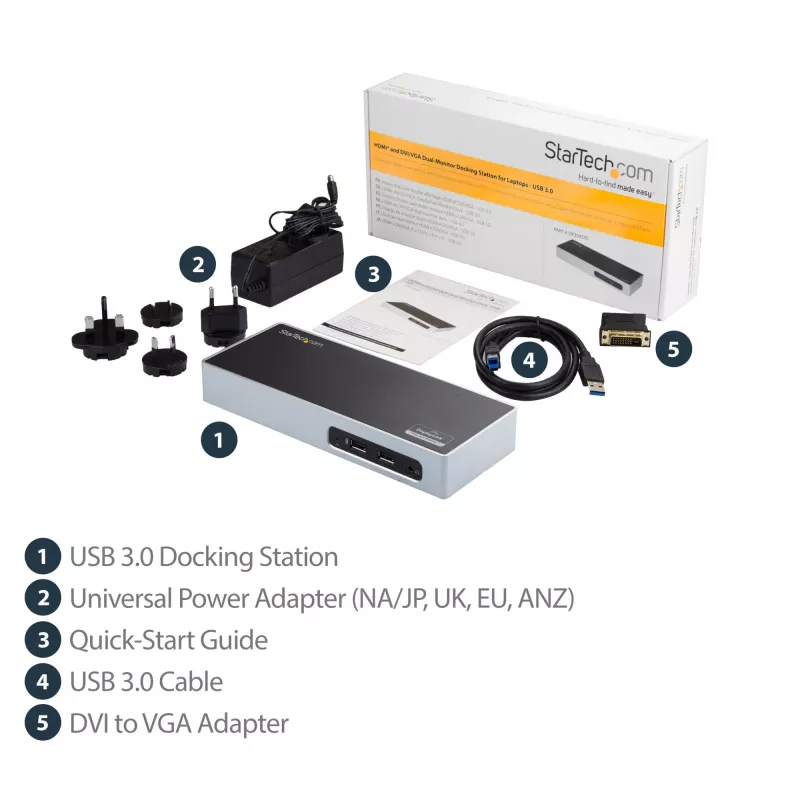 StarTech.com USB 3.0 dokovacia stanica – dvojmonitorová dokovacia stanica pre notebook s HDMI & DVI/VGA videom – 6-portový USB 3.1 Gen 1 5Gbps hub, GbE, audio – univerzálny Type-A dok – Windows & Mac