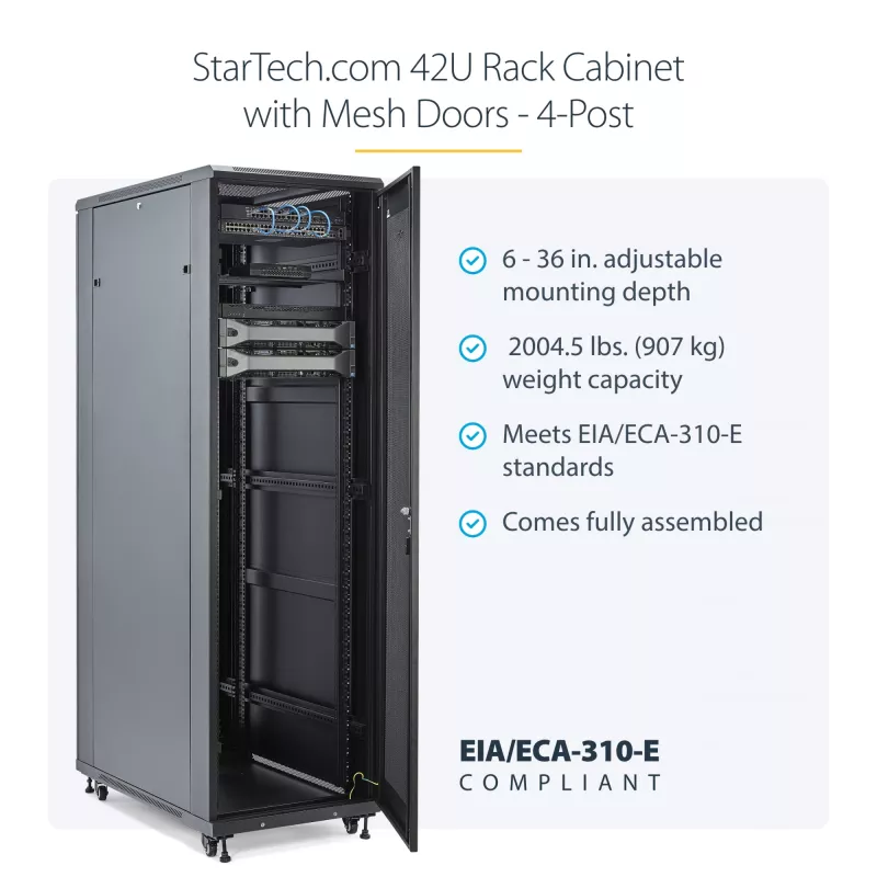 StarTech.com 4-stĺpikový 42U server rack, 19 inch dátová skriňa pre montáž počítačových / AV / IT zariadení, racková skriňa s kolieskami, plnohodnotné priemyselné sieťové úložisko