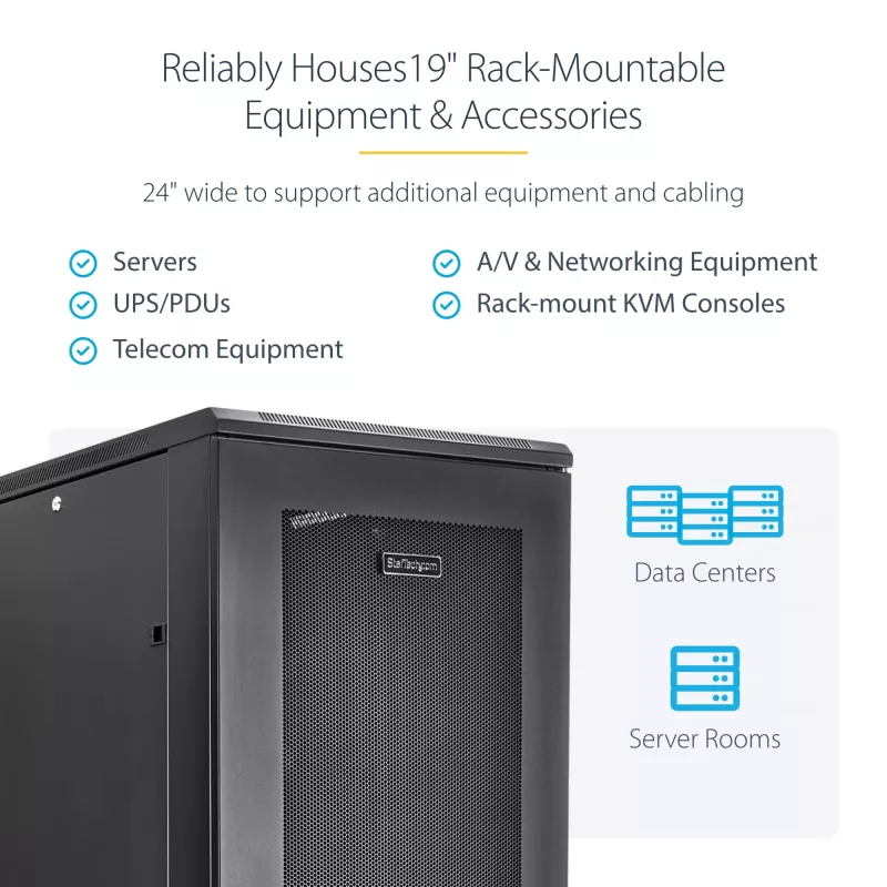 StarTech.com 4-stĺpikový 42U server rack, 19 inch dátová skriňa pre montáž počítačových / AV / IT zariadení, racková skriňa s kolieskami, plnohodnotné priemyselné sieťové úložisko