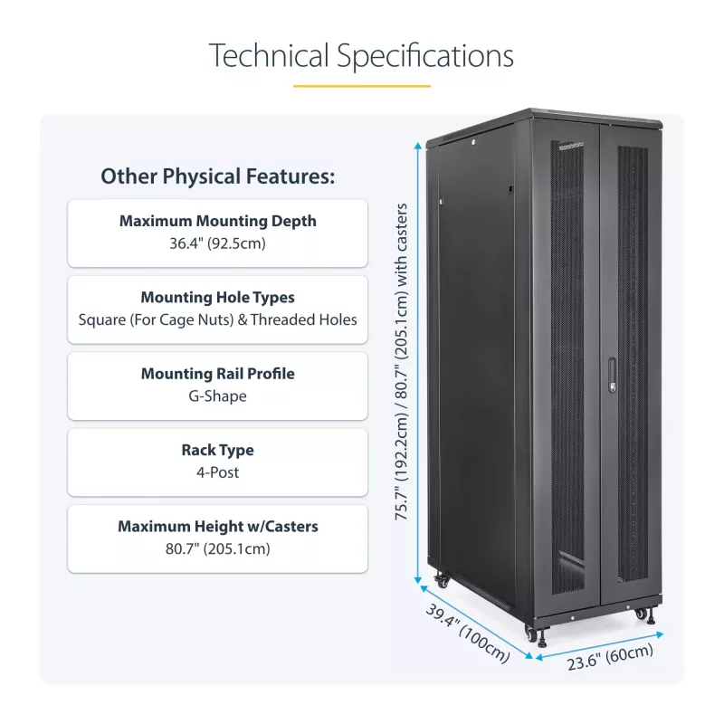 StarTech.com 4-stĺpikový 42U server rack, 19 inch dátová skriňa pre montáž počítačových / AV / IT zariadení, racková skriňa s kolieskami, plnohodnotné priemyselné sieťové úložisko