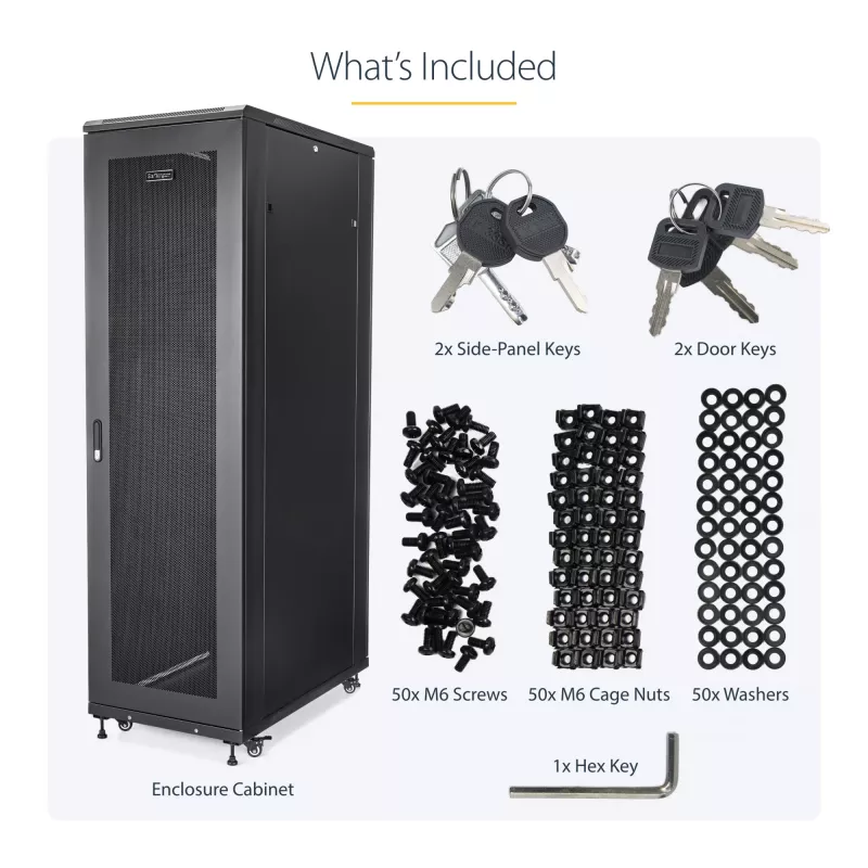 StarTech.com 4-stĺpikový 42U server rack, 19 inch dátová skriňa pre montáž počítačových / AV / IT zariadení, racková skriňa s kolieskami, plnohodnotné priemyselné sieťové úložisko