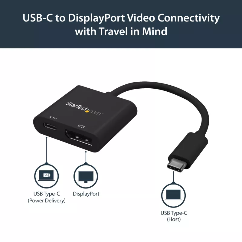 StarTech.com USB-C na DisplayPort adaptér s Power Delivery – 4K 60Hz HBR2 – USB Type-C na DP 1.2 monitor video konvertor s nabíjaním – 60W PD priechodné – kompatibilný s Thunderbolt 3