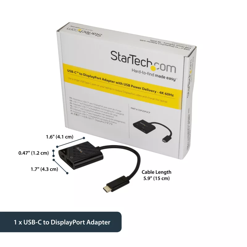 StarTech.com USB-C na DisplayPort adaptér s Power Delivery – 4K 60Hz HBR2 – USB Type-C na DP 1.2 monitor video konvertor s nabíjaním – 60W PD priechodné – kompatibilný s Thunderbolt 3