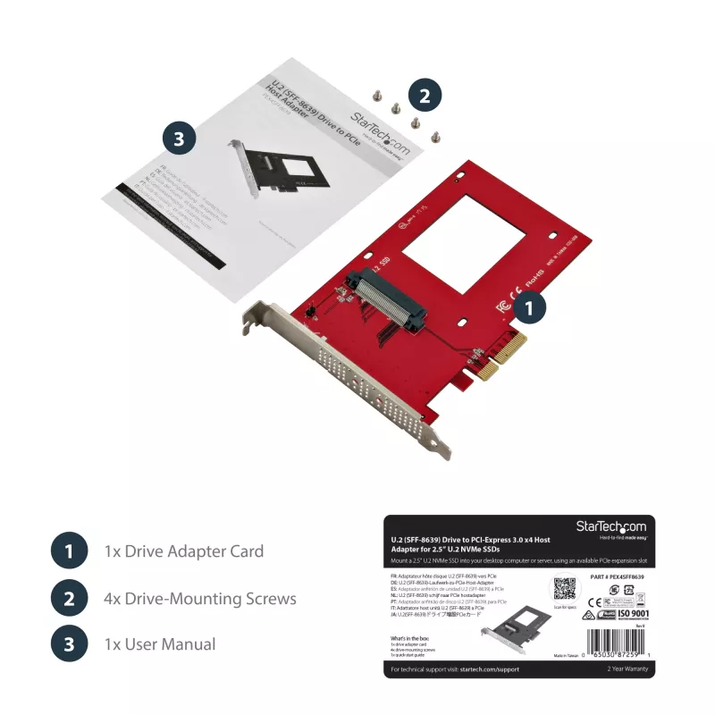 StarTech.com PEX4SFF8639 adaptér U.2 na PCIe pre 2,5-palcový U.2 NVMe SSD, SFF-8639, x4 PCIe 3.0