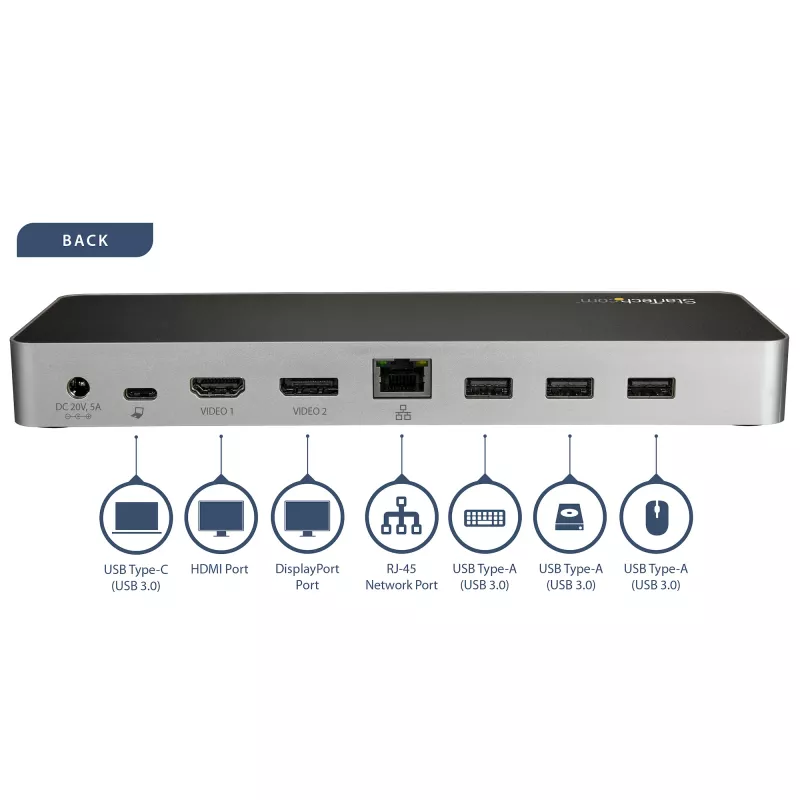 StarTech.com USB-C dock – Dual-Monitor HDMI a DisplayPort 4K 30 Hz – USB Type-C dokovacia stanica pre notebook 60 W Power Delivery, SD, 4-portový USB-A 3.0 hub, GbE, audio – kompatibilné s Thunderbolt 3