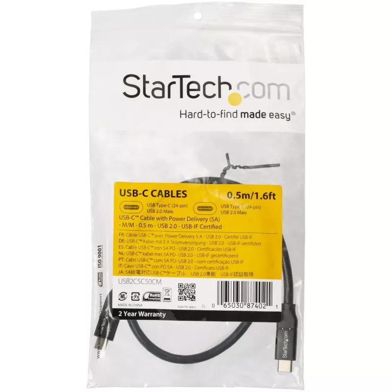 StarTech.com USB-C na USB-C kábel s 5A PD - M/M - 0,5 m - USB 2.0 - USB-IF certifikovaný