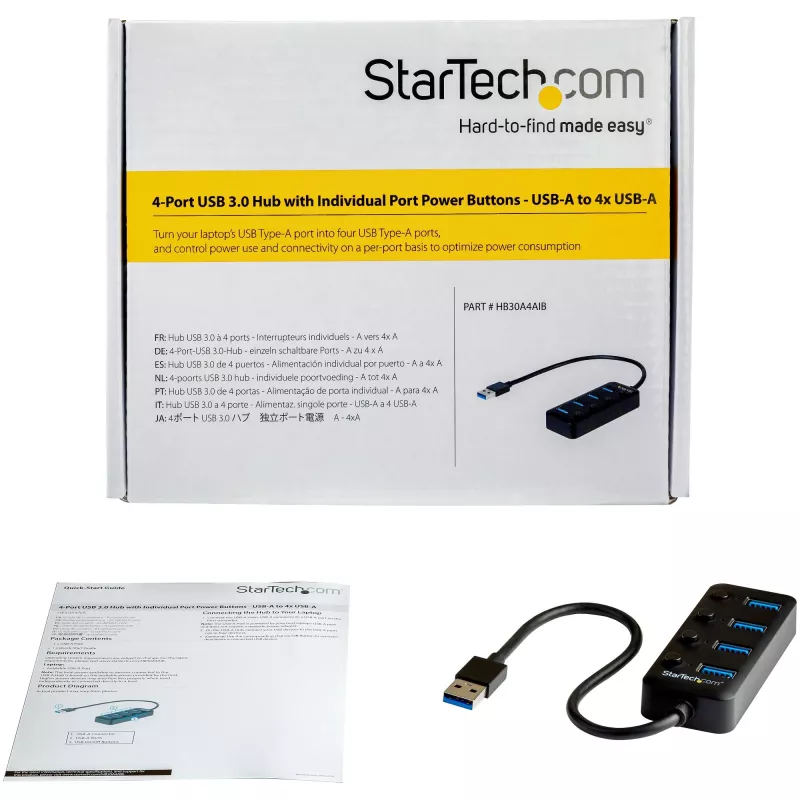 StarTech.com 4-portový USB 3.0 hub – USB-A na 4x USB 3.0 Type-A s individuálnymi vypínačmi pre porty – SuperSpeed 5 Gbit/s USB 3.1/3.2 Gen 1 – USB napájanie z busu – Prenosný – 25 cm pevne pripojený kábel~4-portový USB 3.0 hub – USB-A na 4x USB 3.0 Type-A s individuálnymi vypínačmi pre porty – SuperSpeed USB 3.2 Gen 1 (5 Gbit/s) – USB napájanie z busu – Prenosný – 9,8 inch…