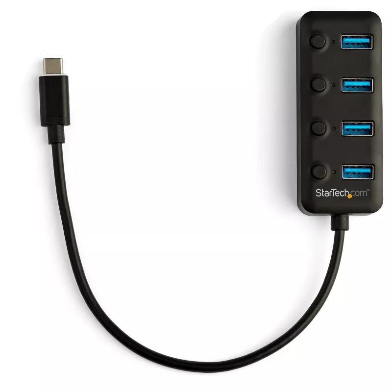 StarTech.com 4-portový USB-C hub – USB-C na 4x USB 3.0 Type-A porty s individuálnymi vypínačmi – SuperSpeed 5 Gbit/s USB 3.1/3.2 Gen 1 – USB napájanie z busu – Prenosný – 25 cm pevný kábel