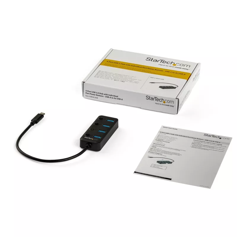 StarTech.com 4-portový USB-C hub – USB-C na 4x USB 3.0 Type-A porty s individuálnymi vypínačmi – SuperSpeed 5 Gbit/s USB 3.1/3.2 Gen 1 – USB napájanie z busu – Prenosný – 25 cm pevný kábel