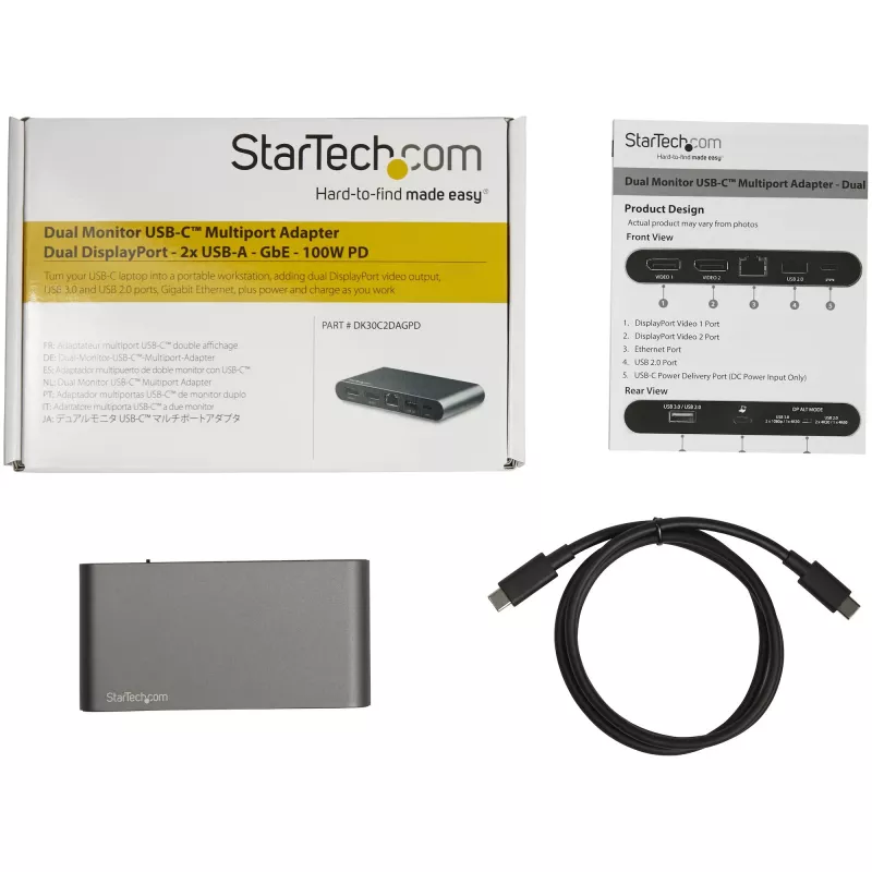 StarTech.com USB-C dock – 4K dual-monitor DisplayPort – mini laptop docking stanica – 100 W Power Delivery passthrough – GbE, 2-portový USB-A hub – USB Type-C multiport adaptér – 1 m kábel