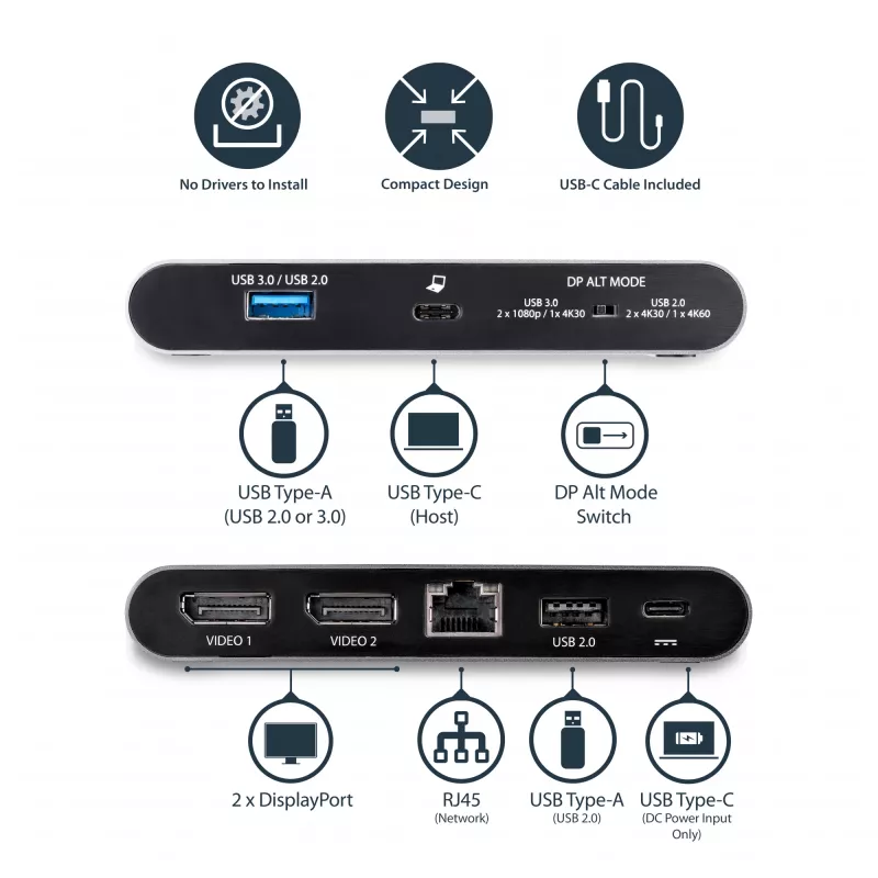 StarTech.com USB-C dock – 4K dual-monitor DisplayPort – mini laptop docking stanica – 100 W Power Delivery passthrough – GbE, 2-portový USB-A hub – USB Type-C multiport adaptér – 1 m kábel
