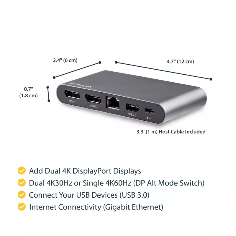 StarTech.com USB-C dock – 4K dual-monitor DisplayPort – mini laptop docking stanica – 100 W Power Delivery passthrough – GbE, 2-portový USB-A hub – USB Type-C multiport adaptér – 1 m kábel