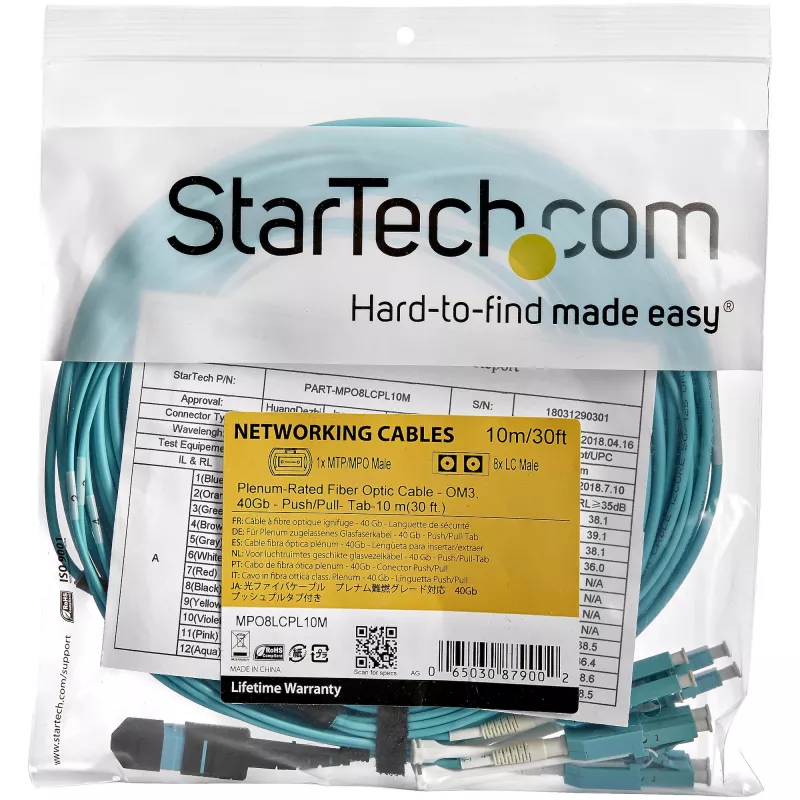 StarTech.com 10 m (30 ft) MTP(F)/PC na 4x LC/PC duplex breakout OM3 multimode optický kábel, OFNP Plenum, 40G siete, nízky útlm vloženia – optický jumper kábel