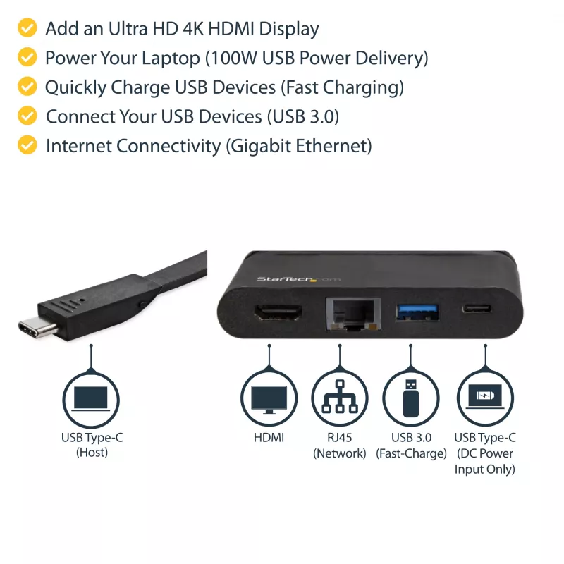 StarTech.com USB-C multiport adaptér - prenosný USB-C dock s 4K HDMI - 100W PD 3.0 priechod, 1x USB-A, 1x USB-C, GbE - cestovný dock pre Thunderbolt 3 a USB Type-C notebook - Mac a Windows