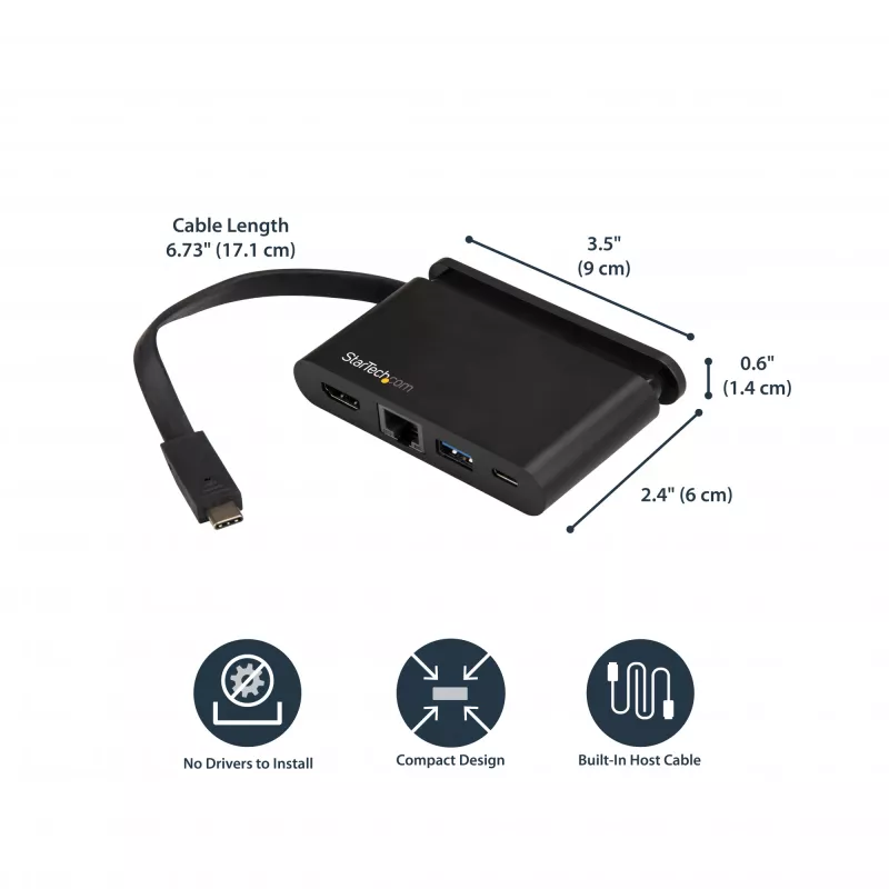 StarTech.com USB-C multiport adaptér - prenosný USB-C dock s 4K HDMI - 100W PD 3.0 priechod, 1x USB-A, 1x USB-C, GbE - cestovný dock pre Thunderbolt 3 a USB Type-C notebook - Mac a Windows