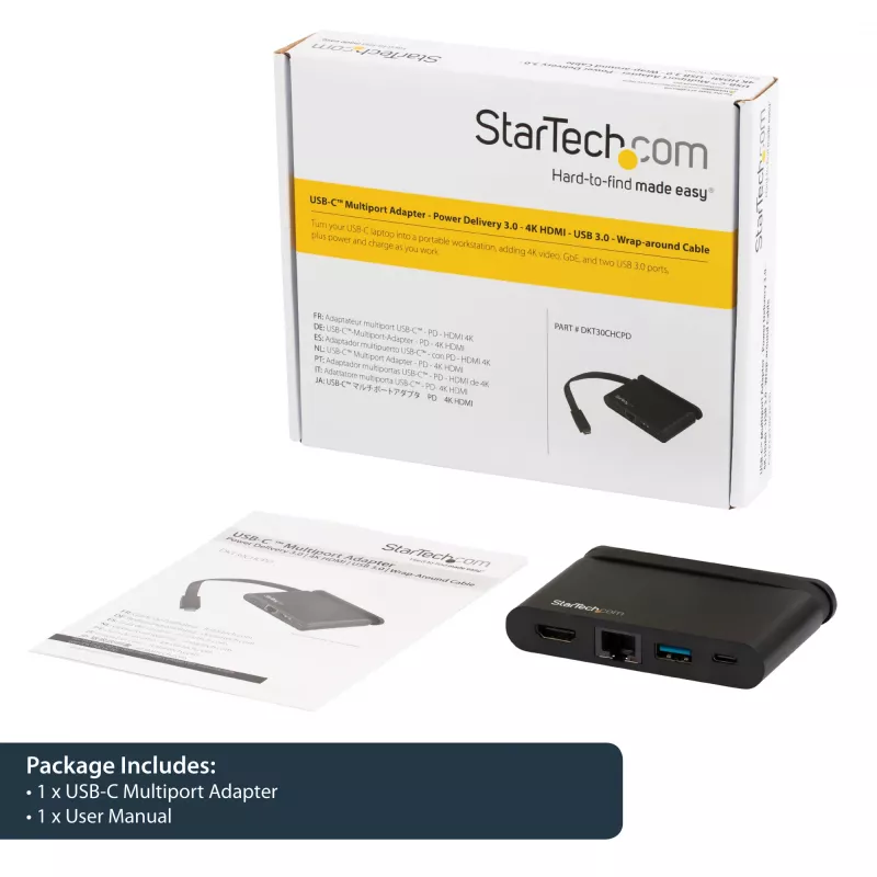 StarTech.com USB-C multiport adaptér - prenosný USB-C dock s 4K HDMI - 100W PD 3.0 priechod, 1x USB-A, 1x USB-C, GbE - cestovný dock pre Thunderbolt 3 a USB Type-C notebook - Mac a Windows