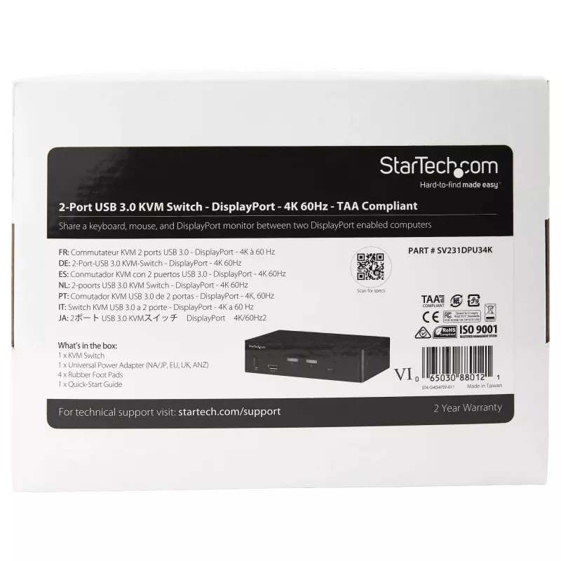 StarTech.com 2-portový DisplayPort KVM switch – 4K 60 Hz – jedna obrazovka – dual-port UHD DP 1.2 USB KVM switch s integrovaným USB 3.0 hubom & audio – Dell HP Apple Lenovo – TAA kompatibilný