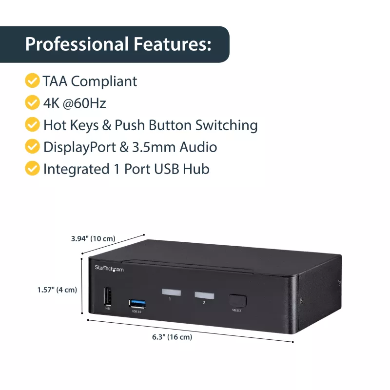 StarTech.com 2-portový DisplayPort KVM switch – 4K 60 Hz – jedna obrazovka – dual-port UHD DP 1.2 USB KVM switch s integrovaným USB 3.0 hubom & audio – Dell HP Apple Lenovo – TAA kompatibilný