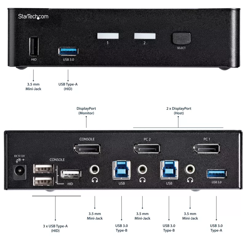StarTech.com 2-portový DisplayPort KVM switch – 4K 60 Hz – jedna obrazovka – dual-port UHD DP 1.2 USB KVM switch s integrovaným USB 3.0 hubom & audio – Dell HP Apple Lenovo – TAA kompatibilný