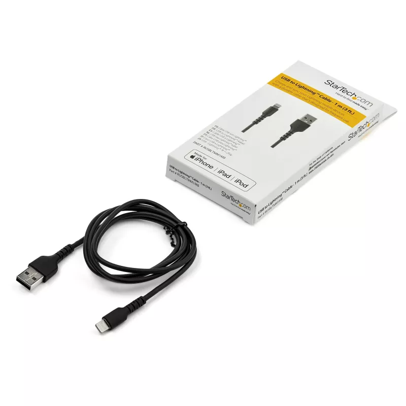 StarTech.com 0,91 m (3 stopy) robustný čierny USB-A na Lightning kábel – odolný, robustný aramidové vlákno USB Type-A na Lightning nabíjací/sync kábel – Apple MFi certifikovaný pre iPad/iPhone 12