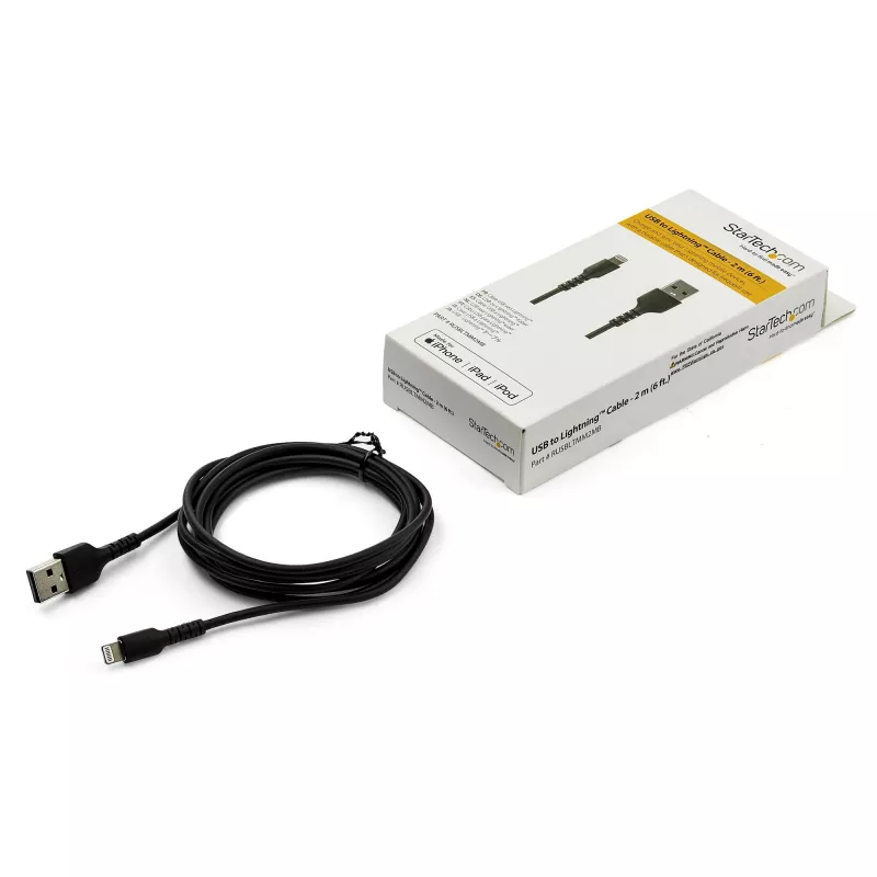 StarTech.com 6 stôp (2 m) robustný čierny USB-A na Lightning kábel – vysokozáťažový, odolný aramidové vlákno USB Type-A na Lightning nabíjací/sync sieťový kábel – Apple MFi certifikovaný pre iPad/iPhone 12