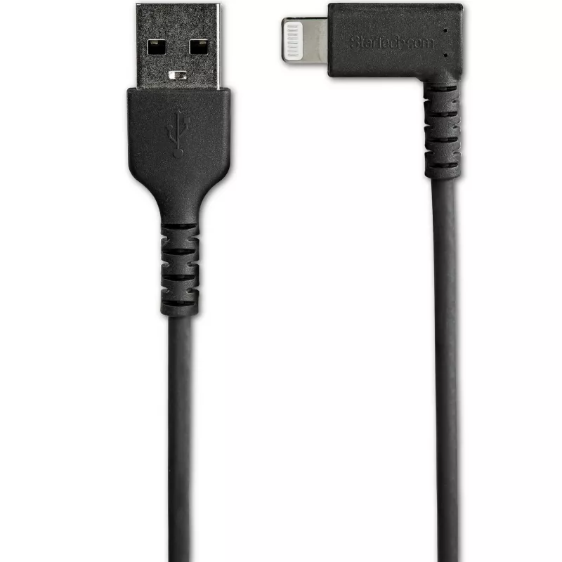 StarTech.com 1 m robustný USB-A na Lightning kábel – čierna, 90° zahnutý, odolný, aramidové vlákno vystužený, USB Type-A na Lightning nabíjací/sync kábel – Apple MFi certifikovaný – iPhone