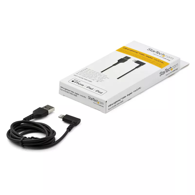 StarTech.com 1 m robustný USB-A na Lightning kábel – čierna, 90° zahnutý, odolný, aramidové vlákno vystužený, USB Type-A na Lightning nabíjací/sync kábel – Apple MFi certifikovaný – iPhone