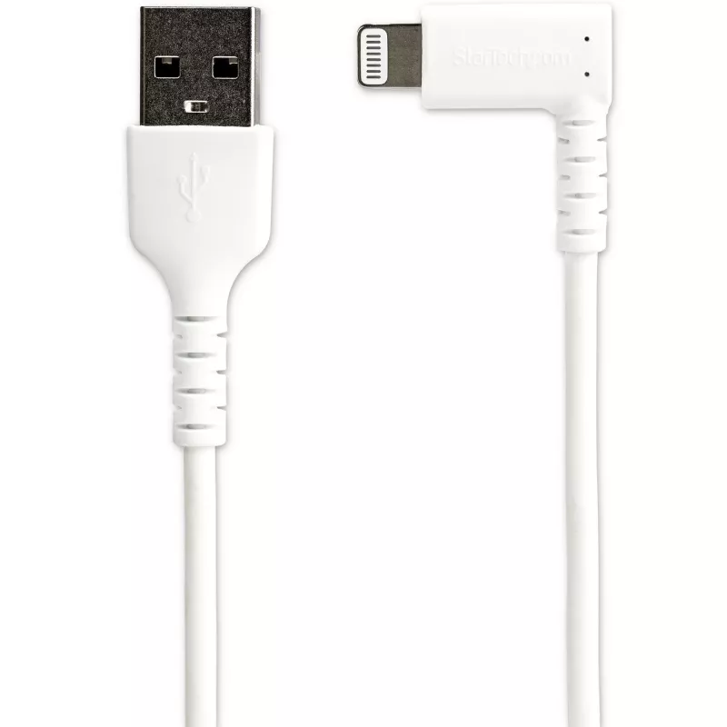 StarTech.com 1 m robustný USB-A na Lightning kábel – biela 90° zahnutý odolný aramidové vlákno USB Type-A na Lightning nabíjací/sync kábel – Apple MFi certifikovaný – iPhone