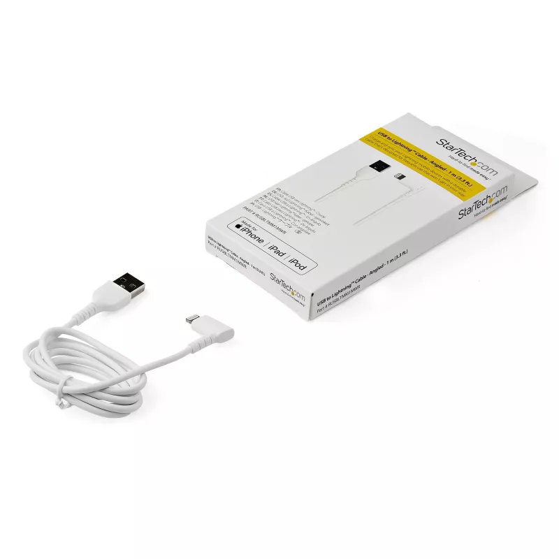StarTech.com 1 m robustný USB-A na Lightning kábel – biela 90° zahnutý odolný aramidové vlákno USB Type-A na Lightning nabíjací/sync kábel – Apple MFi certifikovaný – iPhone