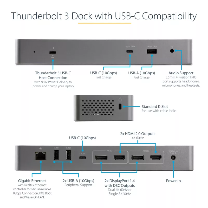 StarTech.com USB C dokovacia stanica pre Macbook Pro/Air-M1/M2/M3/M4, kompatibilná s Thunderbolt, HDMI/DisplayPort, Dual 4K 60Hz/Single 8K, USB Type-C dock pre notebook, 96W Power Delivery, USB 10Gbps