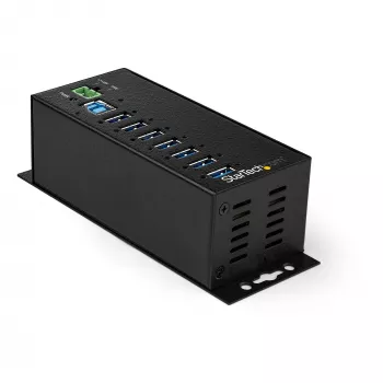 StarTech.com 7-portový USB 3.0 hub s napájacím zdrojom – kovový priemyselný USB-A hub s ESD a 350 W prepäťovou ochranou – montáž na DIN lištu/stenu/stôl – vysokorýchlostný USB 3.2 Gen 1 (5 Gbit/s) hub – TAA