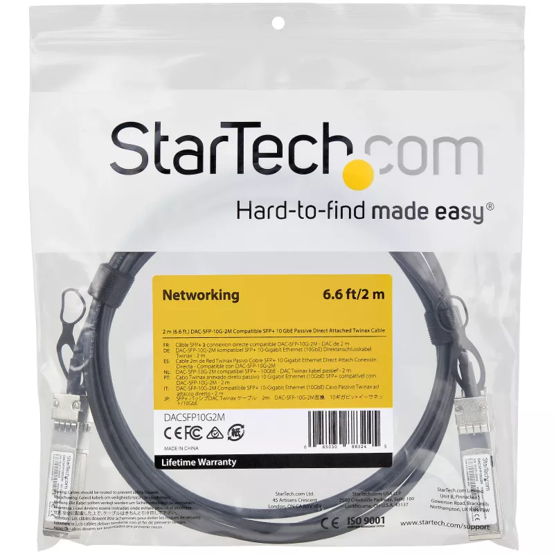 StarTech.com 2 m 10G SFP+ na SFP+ direct attach kábel Twinax kompatibilný s Dell EMC DAC-SFP-10G-2M – 10GbE SFP+ medený DAC 10 Gbps nízkoenergetický pasívny Mini GBIC/transceiver modul DAC
