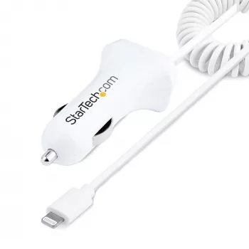 StarTech.com Lightning autonabíjačka so špirálovým káblom, 1 m Lightning špirálový kábel, 12 W, biela, 2-portový USB auto nabíjací adaptér pre telefóny a tablety, dual-USB auto iPhone nabíjačka