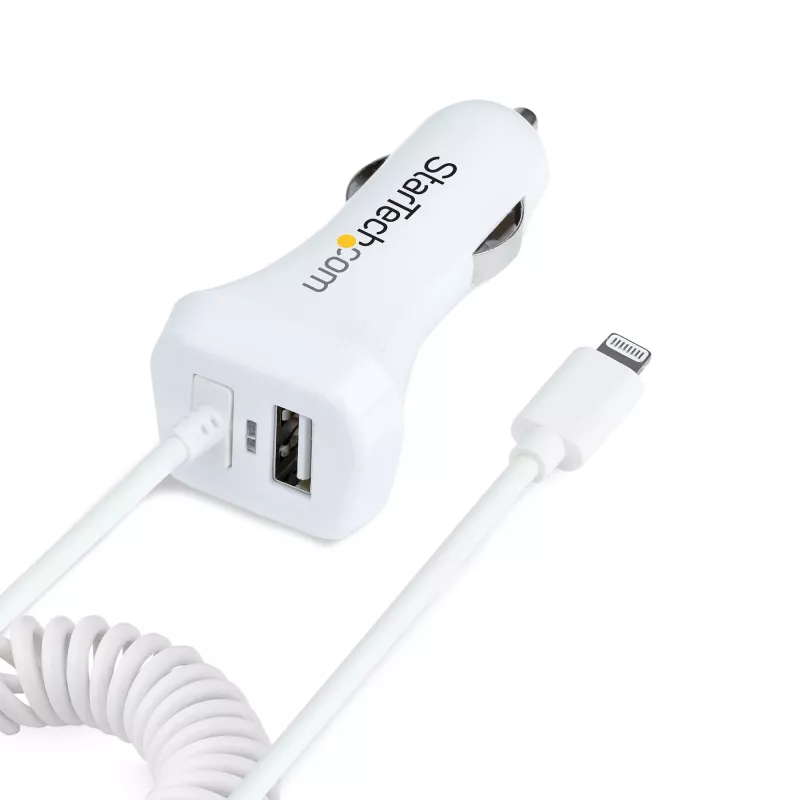 StarTech.com Lightning autonabíjačka so špirálovým káblom, 1 m Lightning špirálový kábel, 12 W, biela, 2-portový USB auto nabíjací adaptér pre telefóny a tablety, dual-USB auto iPhone nabíjačka