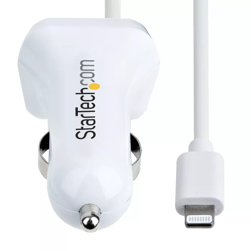StarTech.com Lightning autonabíjačka so špirálovým káblom, 1 m Lightning špirálový kábel, 12 W, biela, 2-portový USB auto nabíjací adaptér pre telefóny a tablety, dual-USB auto iPhone nabíjačka