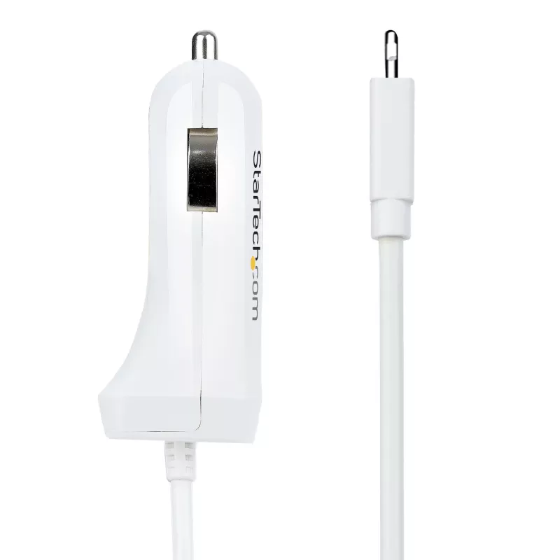 StarTech.com Lightning autonabíjačka so špirálovým káblom, 1 m Lightning špirálový kábel, 12 W, biela, 2-portový USB auto nabíjací adaptér pre telefóny a tablety, dual-USB auto iPhone nabíjačka