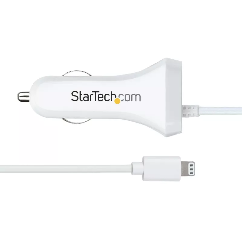 StarTech.com Lightning autonabíjačka so špirálovým káblom, 1 m Lightning špirálový kábel, 12 W, biela, 2-portový USB auto nabíjací adaptér pre telefóny a tablety, dual-USB auto iPhone nabíjačka