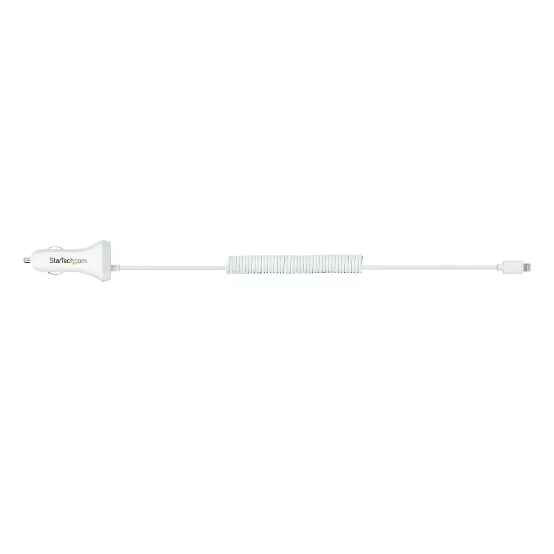 StarTech.com Lightning autonabíjačka so špirálovým káblom, 1 m Lightning špirálový kábel, 12 W, biela, 2-portový USB auto nabíjací adaptér pre telefóny a tablety, dual-USB auto iPhone nabíjačka