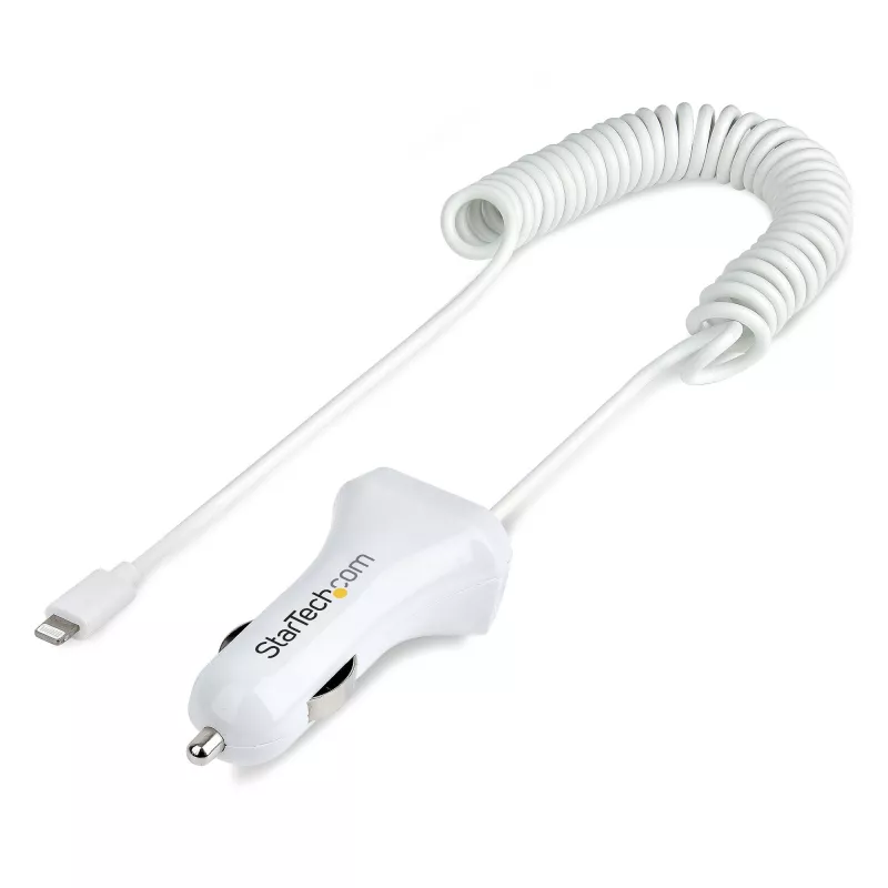 StarTech.com Lightning autonabíjačka so špirálovým káblom, 1 m Lightning špirálový kábel, 12 W, biela, 2-portový USB auto nabíjací adaptér pre telefóny a tablety, dual-USB auto iPhone nabíjačka