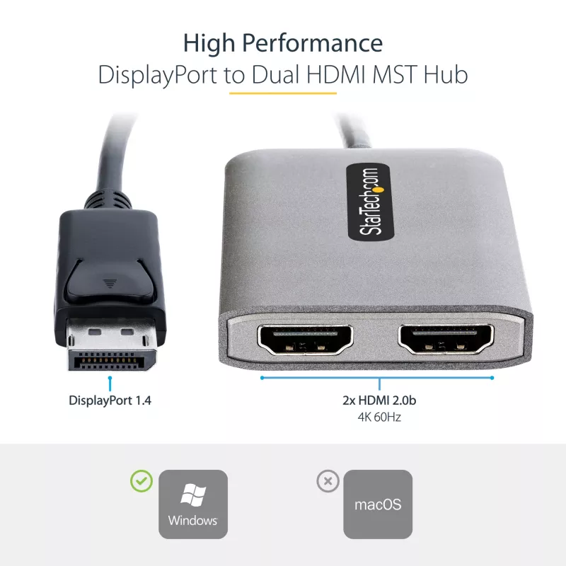 StarTech.com DP na Dual HDMI MST HUB - Dual HDMI 4K 60Hz - DisplayPort multi-monitor adaptér s 30 cm káblom - DP 1.4 Multi Stream Transport Hub, DSC | HBR3 - DP na HDMI splitter