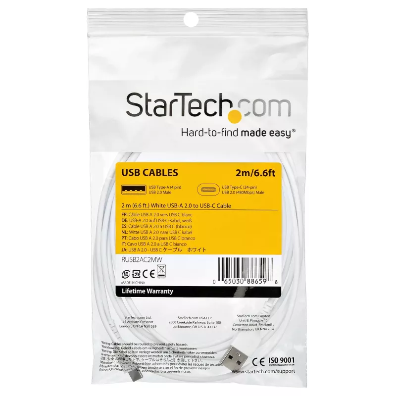 StarTech.com 2m USB-A na USB-C nabíjací kábel – odolný rýchlonabíjací a synchronizačný USB 2.0 na USB Type-C dátový kábel – odolný TPE plášť aramidové vlákno M/M 3A biely – Samsung S10, iPad Pro, Pixel
